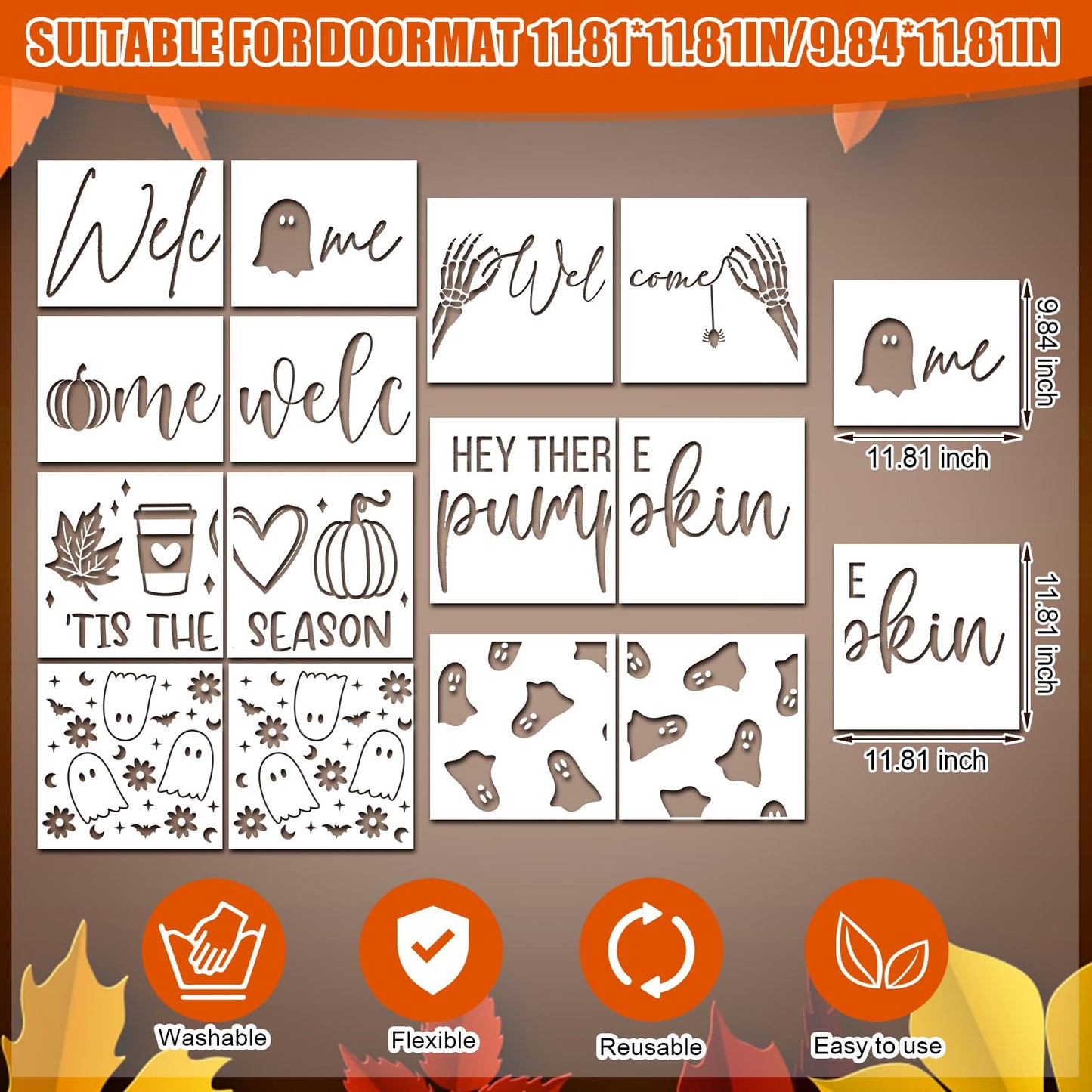 Yookeer 14 Pcs Fall Halloween Stencils for Door Mats, Reusable Pumpkin Ghost Welcome Templates for Autumn Halloween Painting on Doormat Wood Signs Wall Crafts DIY Project