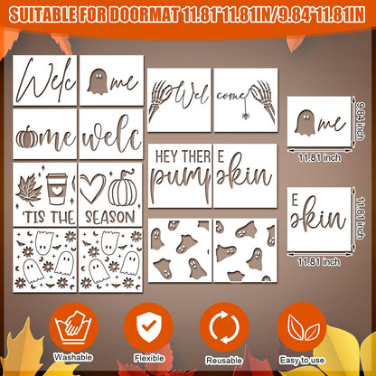 Yookeer 14 Pcs Fall Halloween Stencils for Door Mats, Reusable Pumpkin Ghost Welcome Templates for Autumn Halloween Painting on Doormat Wood Signs Wall Crafts DIY Project