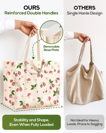 Miss Adola Large Canvas Grocery Tote Bag - Reusable Shoulder Bags with 6 Inner Pockets & Shoulder Strap and Handle Cute Aesthetic Designer Heavy Duty Shopping Totes for Groceries, Strawberry