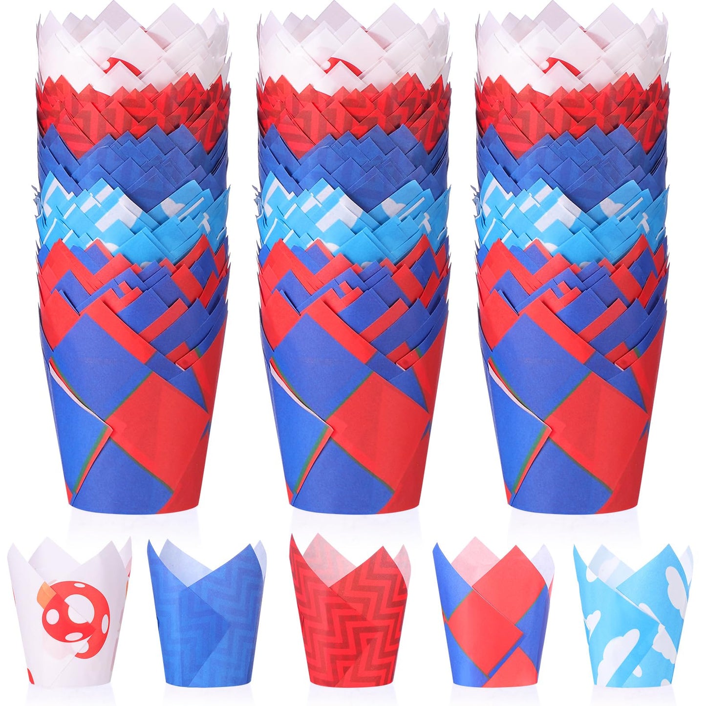 Reallnaive 500 Counts Muffin Liners Mushroom Party Decorations Red Blue Tulip Cupcake Liners Cupcake Baking Wrappers Grease Proof Cake Holders for Theme Birthday Party Supplies