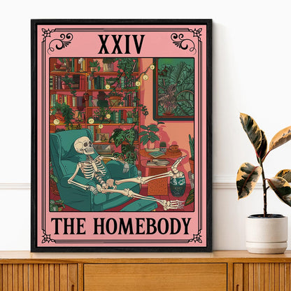 Spooky Framed Canvas Wall Art the Homebody Tarot Card Poster Print Wall Decor Sarcastic Skeleton Painting for Home Office Living Room Bedroom Decoration 11.5x15 Inches