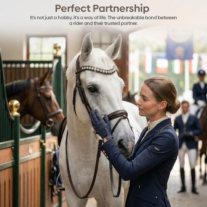 Equine Care Leather English Horse Bridle with Reins, Full Size Havana Brown, Raised Fancy-Stitched Hunter Show Bridle with Clear Crystal Browband, Padded Crownpiece, Stainless Steel Hardware
