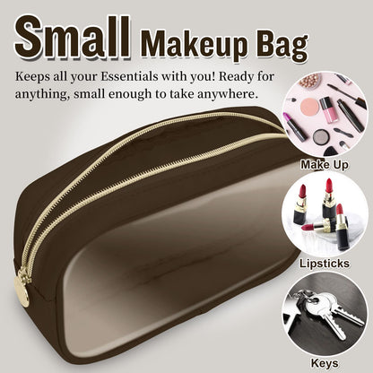 Small Clear Travel Makeup Organizer Bag for Purse, Cute Black Makeup Bag Preppy Cosmetic Zipper Pouch Purse, Transparent PVC & Nylon Toiletry Bag Clutch Makeup Brush Bag Storage for Women Girls(Brown)