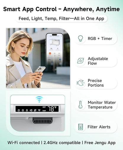 M1 5 Gallon Aquarium Starter Kit, App Control Smart Fish Tank with Filter, Auto Feeder, Quiet Pump, Timer Light, Temp Display, Crystal-Clear Glass Desktop Betta Tank for Guppy Shrimp, White