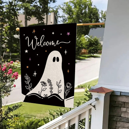 Halloween House Flag Ghost Black Burlap Double Sided 28x40 Inches Halloween Holiday Welcome Sign for Yard Lawn Home Outdoor Decor