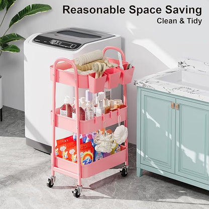 3 Tier Metal Rolling Cart with Lockable Wheels and Handle, Three Tiered Pink Trolley Cart on Wheels, Utility Storage Organizer for Bathroom, Kitchen, Teachers, Art, Crafts, Baby Diaper, Snack, Nail