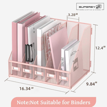 SUPEASY Desk Organizers Metal Desk Magazine File Holder with 5 Vertical Compartments Rack File Organizer for Office Desktop, Classroom, Home Workspace, Pink