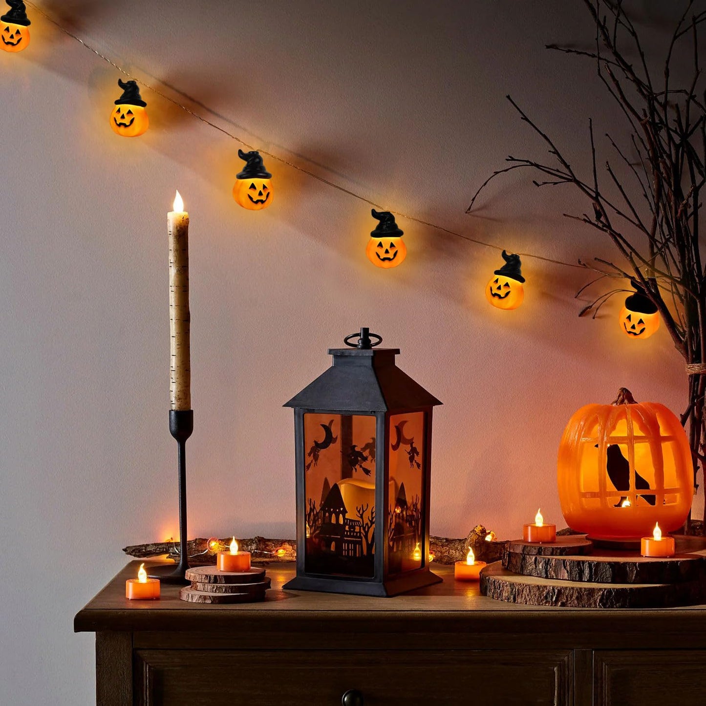 Runleo Halloween Pumpkin String Lights with Witch Hat, 20 LED 16.4FT 8 Modes Timer 3D Waterproof Orange Jack-O-Lantern Battery Operated Flickering Lights for Indoor Outdoor Decor Party Decorations