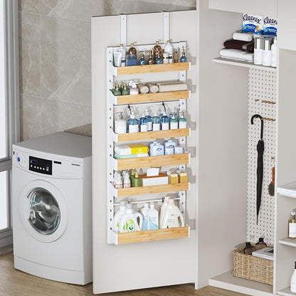 6-Tier Over The Door Pantry Organizer, Heavy-Duty Metal Wall Mount or Hanging Spice Rack, behind the door storage Shelves with Adjustable Basket, Back of Door Organizer for Kitchen Cabinet and Closet