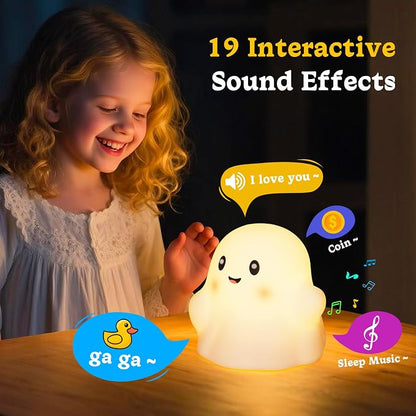 Rechargeable Night Light for Kids - Silicone Lamp with Touch Sensor for Kids Room - LED Squishy Night Light for Baby Nursery with 19 Interactive Sounds/3 Light Modes/30-Min Timer