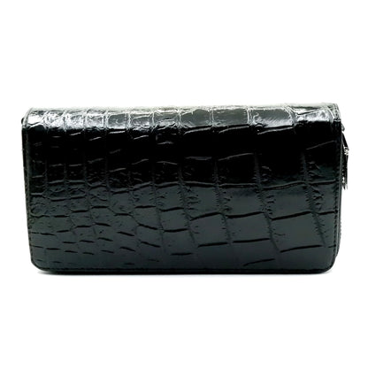 EXSOOTTI New Black Alligator Crocodile Leather Belly Soft Skin Women Double Zipper Clutch Wallet.