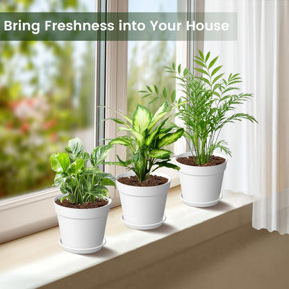 10 Pack 6 Inch Plant Pots with Drainage and Saucers, White Plastic Flower Pots for Indoor and Outdoor Plants, Stackable Nursery Planters for Houseplants and Herbs, White
