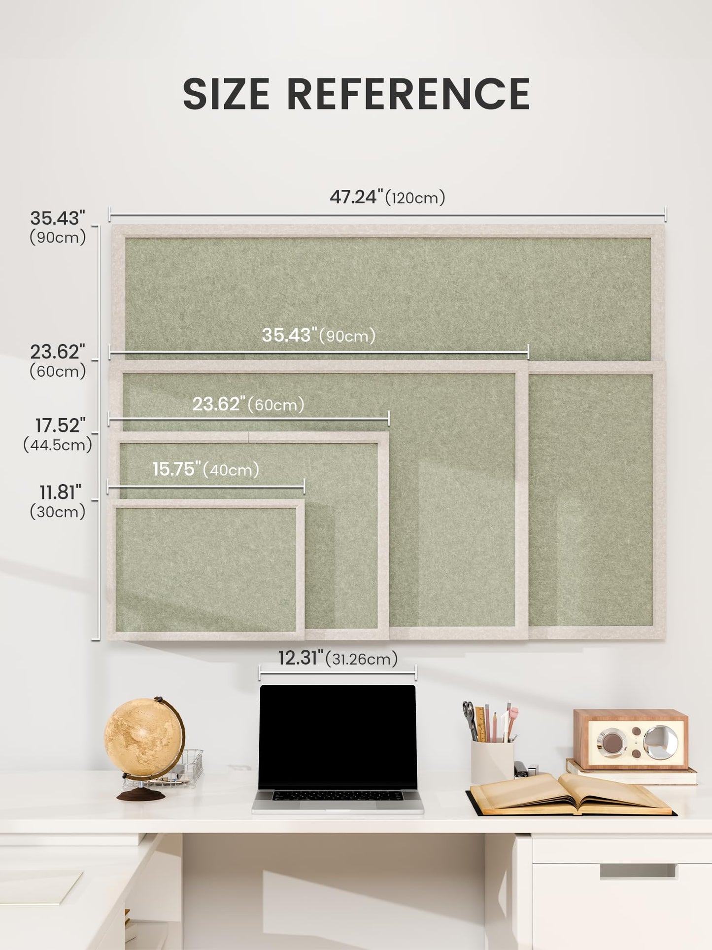Fluxynara Foldable Cork Board Alternative, Felt Bulletin Board 23.6" x 17.5" Oatmeal Frame with 12 Adhesive Tabs, Pin Board for Home Office, Classroom, Entryway, Kitchen Wall Decor—Sage