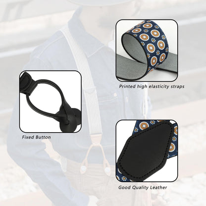 LEHOMU Men Button Suspenders Adjustable,1.4 Inch Wide Heavy Duty Y-Back Elastic Tuxedo Elastic Mens Suspenders with Leather Buttons End,Dark Blue and Golden Circle Pattern