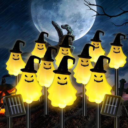 Threan 10 Pcs Halloween Pathway Light Decorations Solar Stake Lights LED White Light Decorative Solar Operated Stake String Lights IP44 Waterproof Outdoor for Yard Garden(Wizard Ghost)
