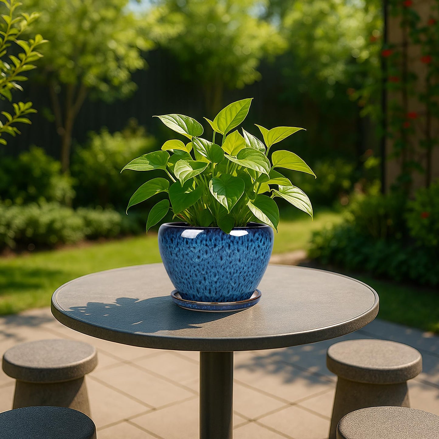 Deep Dream 6 Inch Plant Pots- Ceramic Planter Pot with Drainage Hole and Saucer, Round Flower Pot for Indoor Outdoor Succulent, Snake Plants and Cactus, Blue