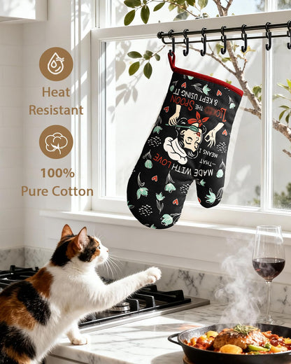Slohif Funny Oven Mitt Heat Resistant for Women - 1 Pack Black Cute Novelty Cool Kitchen Oven Mittens with 100% Cotton for Baking and Cooking Accessories (Made with Love)