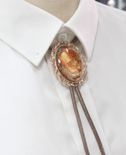 PEARLY JUN Bolo Tie for Women Men Flower Rose Western Cowboy Brown Leather Country Style String Vest Gifts (Gold - Saintly Baptism)