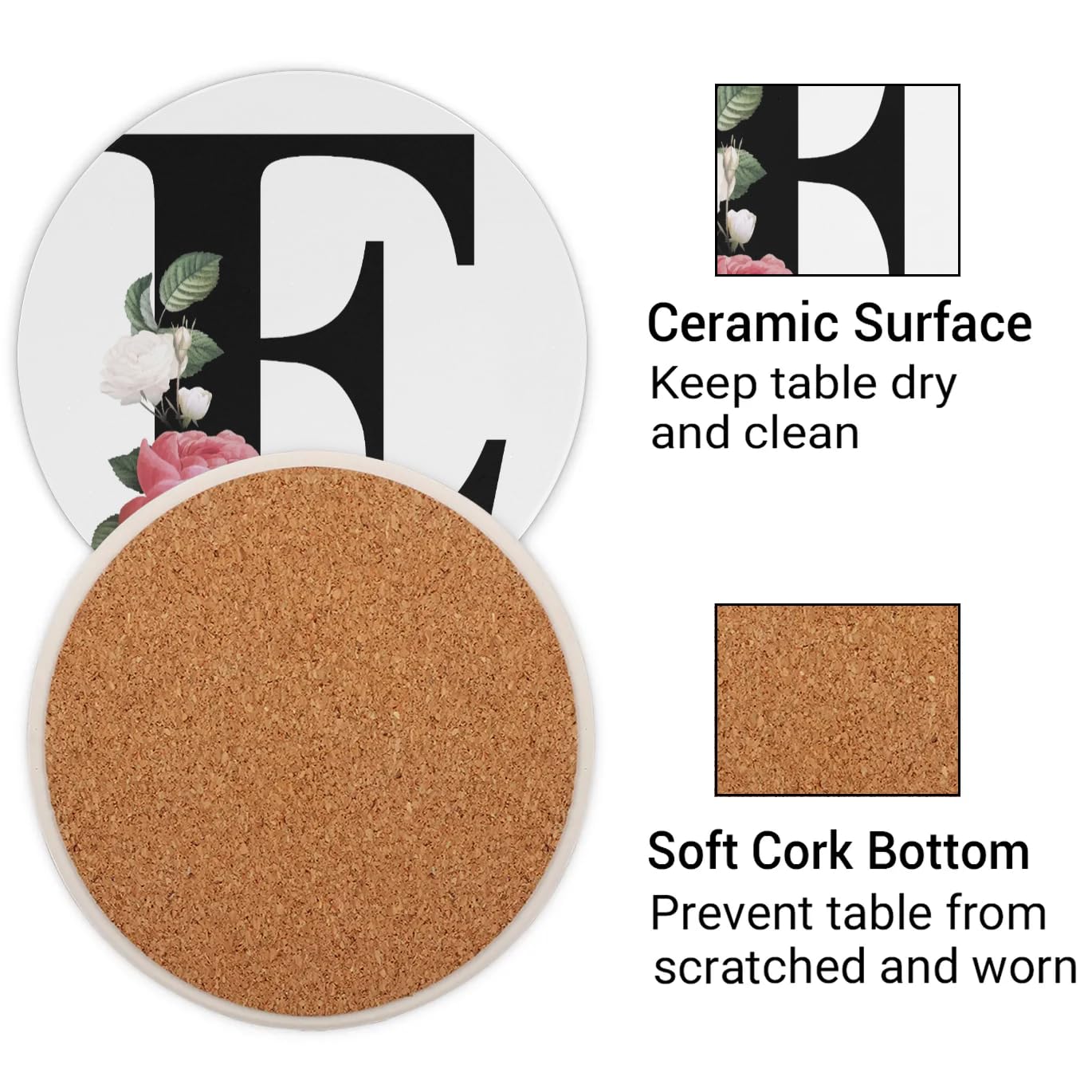 Letter E Coasters Set of 4 Absorbent Ceramic Coasters 4 Inches Round with Cork Base for Drinks Coffee Table Office Summer Outdoor Home Decor
