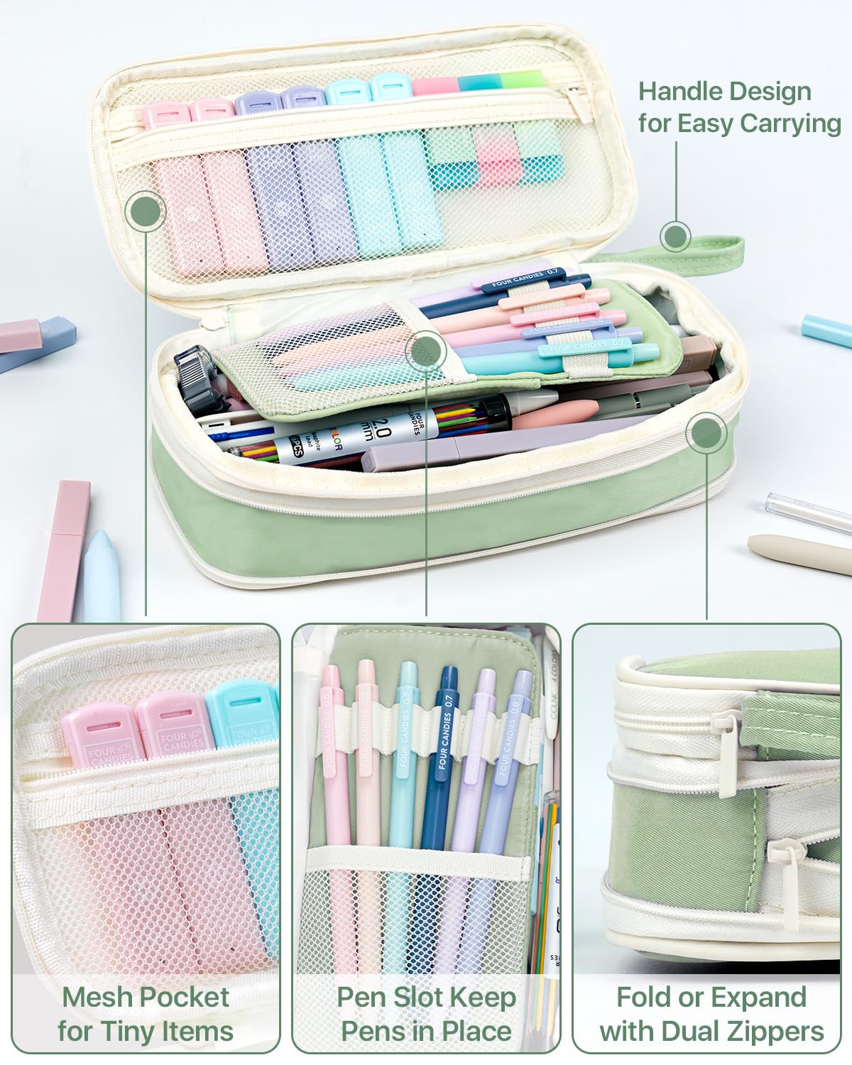 Four Candies 56 PCS Stationery Set, Cute Organizer with Supplies, 6 Multicolor Pens, 12 Pastel Highlighters, 5 Gel Pens Black Ink, 9 Mechanical Pencils for College Essentials Stuff (Green)