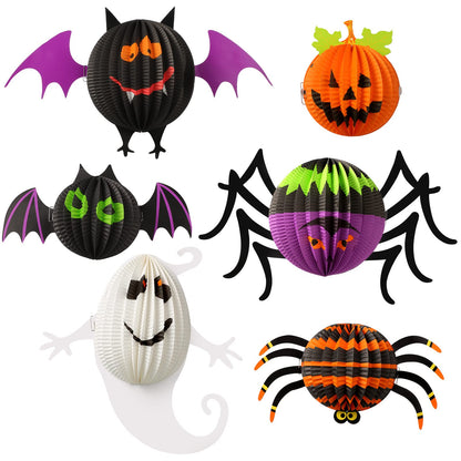 Jeyiour 6 Pack Halloween Paper Lanterns Hanging Decoration, 3D Honeycomb Spider Bat Pumpkin Paper Lantern Set, Foldable Jack O Lantern Party Decor for Indoor Outdoor Home Tree Halloween Display