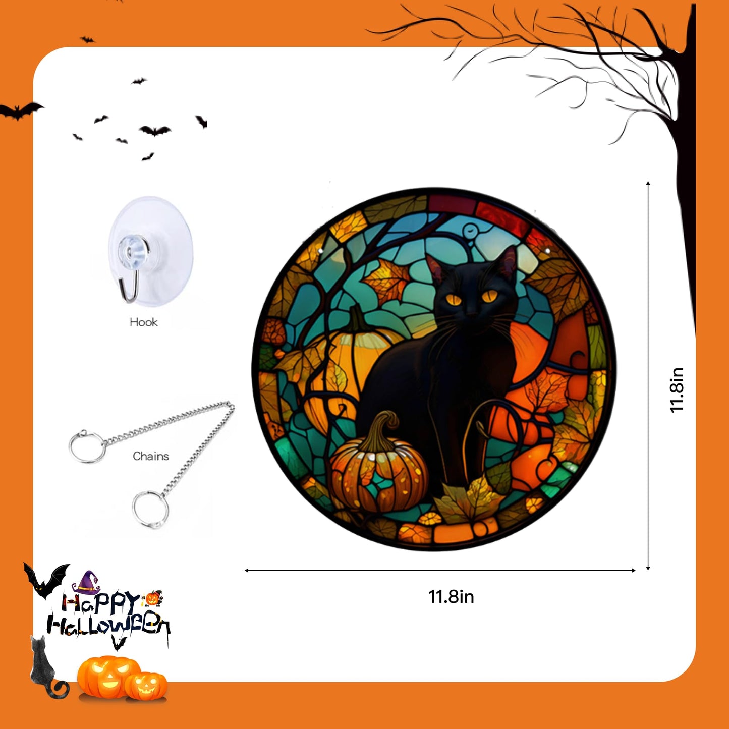 Halloween Decor, Black Cat Halloween Wreath Acrylic Window Hanging Decorations for Door Garden Bathroom Gifts Indoor Outdoor (Black cat)