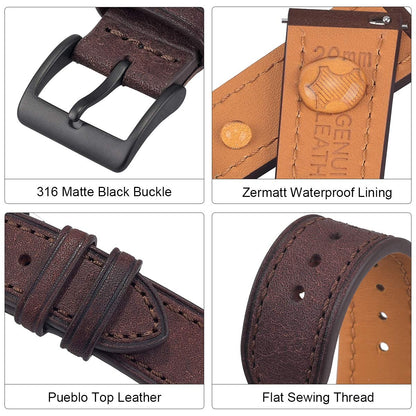 EACHE 20mm Coffee Leather Watch Bands Quick Release for Mens Italy Pueblo Top Grain Vintage Leather Watch Straps Dark Brown with Black Buckle