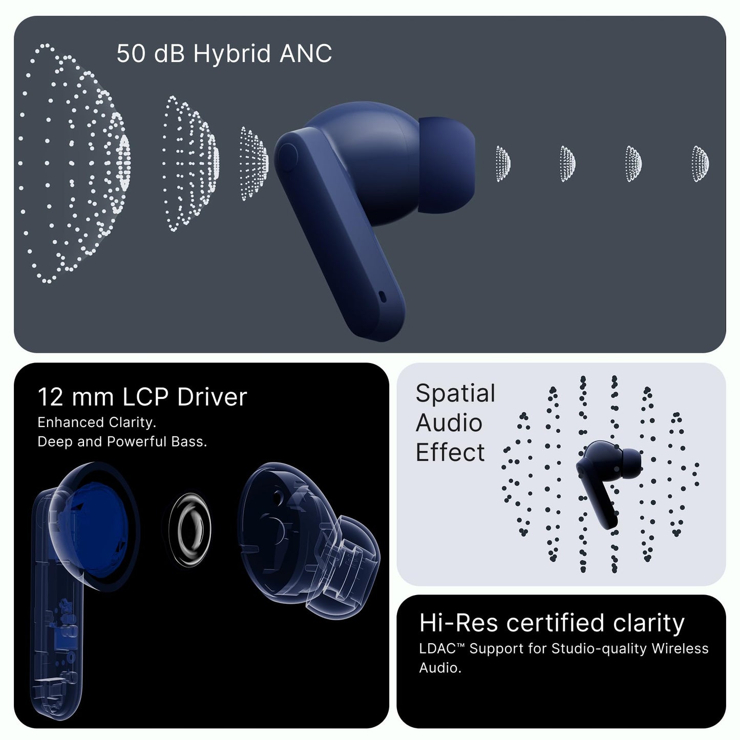 CMF Buds 2 Plus Wireless Earbuds Adaptive Noise Cancelling, Hi-Res Audio Bluetooth Headphones, 12mm Drivers for Deep Bass, 50dB ANC 61.5H Playtime, Sport Ear Buds with 6 Mics, Blue