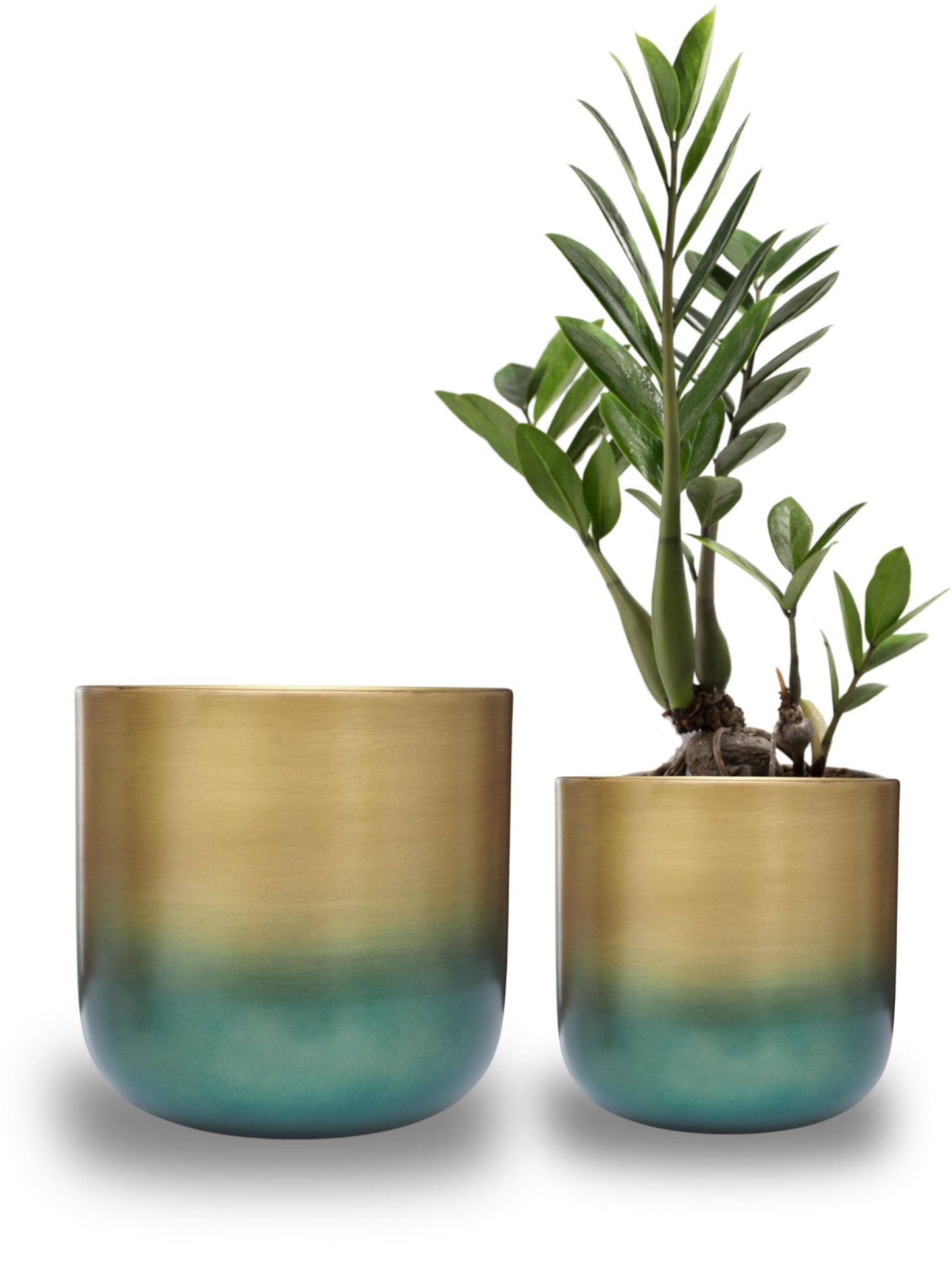 Set of 2 Luxury Brass Planters with Patina Finish – 10” & 8” Round Metal Indoor Plant Pots – Modern Decorative Flowerpots for Living Dining Room, Office, Balcony & Entryway – Stylish Home Décor Accent