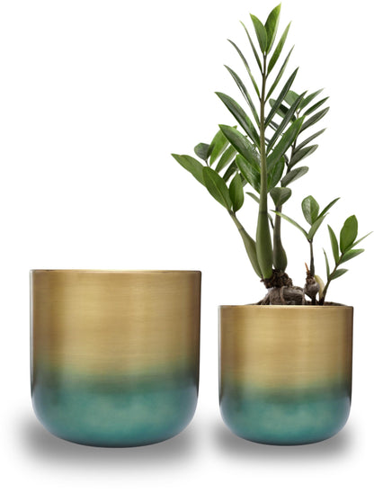 Set of 2 Luxury Brass Planters with Patina Finish – 10” & 8” Round Metal Indoor Plant Pots – Modern Decorative Flowerpots for Living Dining Room, Office, Balcony & Entryway – Stylish Home Décor Accent