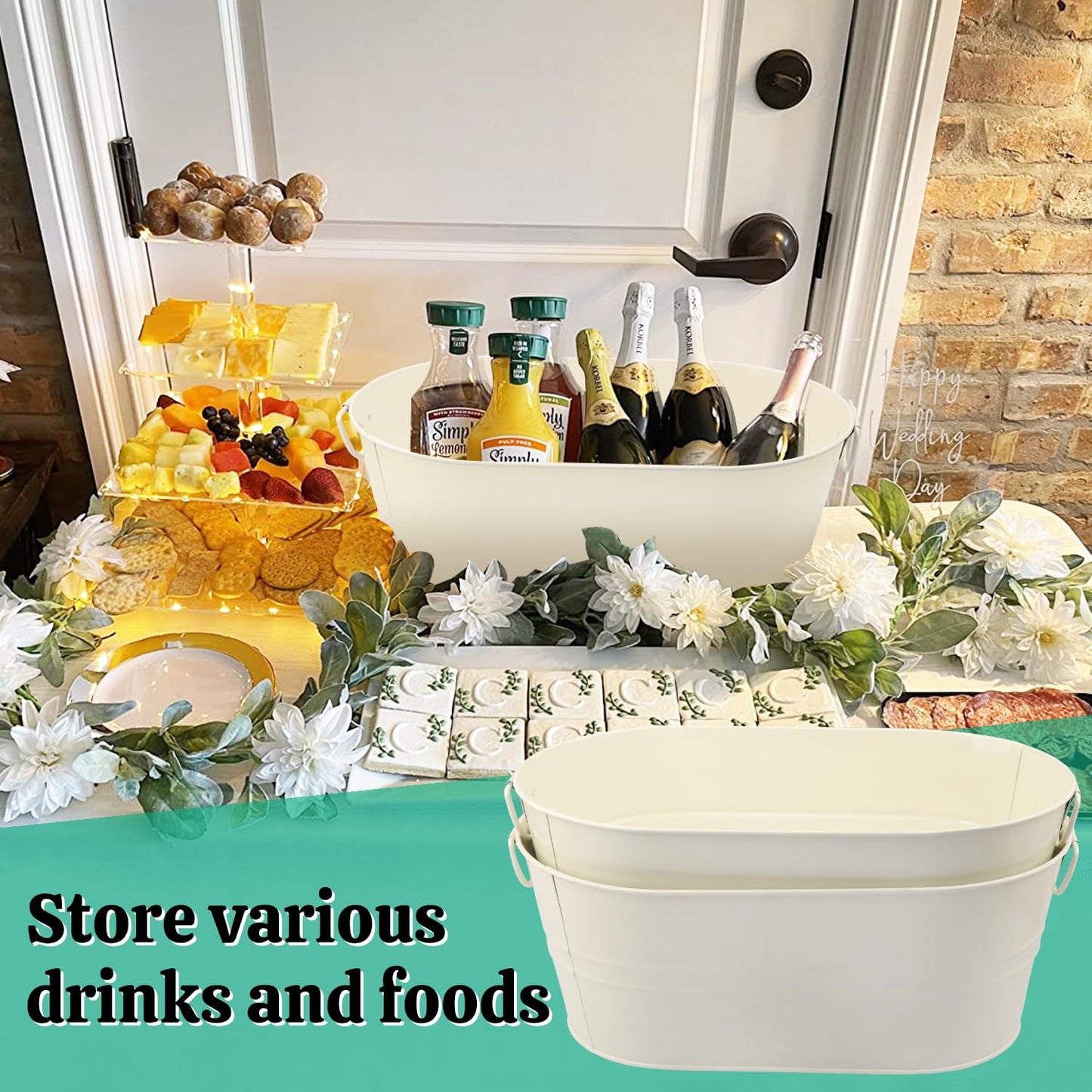 GENHAKON 3 PCS 15.3 x 9 x 6 inch White Metal Galvanized Tub with Handles, 3 Gallon Large Beverage Tubs for Wine, Cocktails, Parties, Outdoor Beer Ice Tub