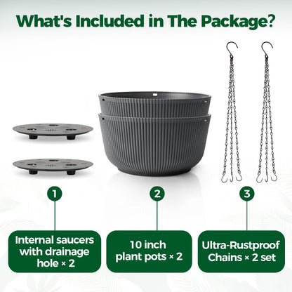 T4U 10 Inch Hanging Planters for Indoor Outdoor Plants, Hanging Plant Pot Pack of 2, Self Watering Hanging Pots with Drainage Hole & Plug & Chain with 3 Hooks for Garden Home Decor, Grey