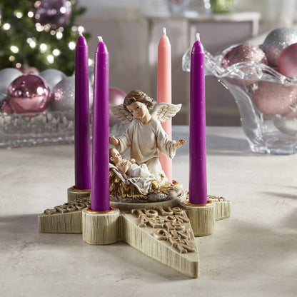 Avalon Gallery Sculpted Resin Advent/Christmas Candle Holder, 7.25" x 9.75", Angel Nativity Wreath