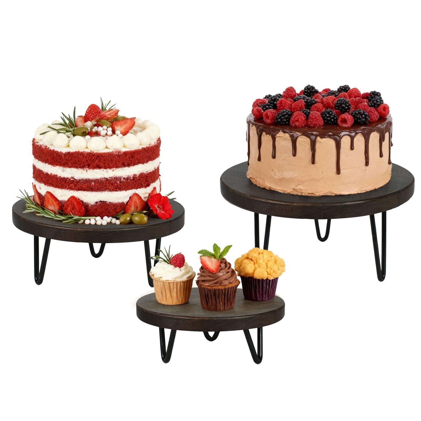 jubilander 3 Pcs Buffet Risers, Wood Round Food Riser Dessert Table Display Stand Set for Party Wood Cupcake Stands Nesting Table for Home Decor (Walnut)
