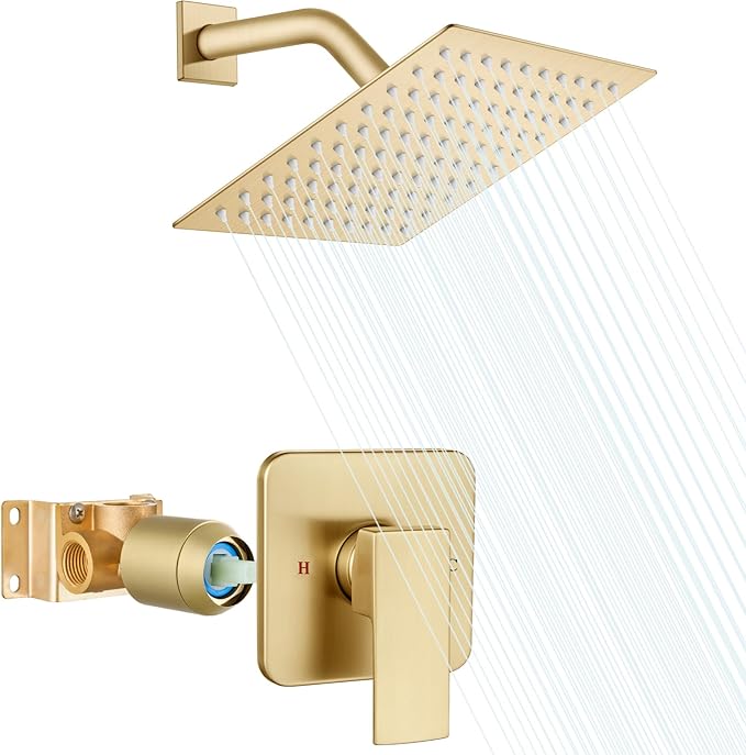 Heyalan Shower Faucet Set with Valve, Bathroom Rainfall Shower System, Wall Mount Single Handle Shower Trim Kit, Rainfall Fixed Shower Head, 8 Inch Square Shower Head,Brushed Gold