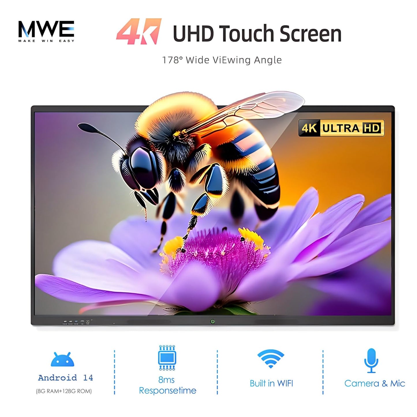 QIXZOCV 75" Smart Board for Business, Interactive Whiteboard with Multi-Touch, 4K Electronic Board with Screen Sharing, Bluetooth/WiFi/HDMI, Camera & Mic, Android 14, 8+128G (Wall Mount Included)