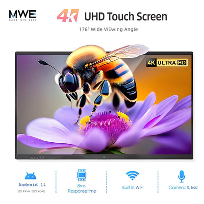 QIXZOCV 65" Smart Board for Classroom Office Home, All-in-One 4K Interactive Whiteboard, Digital Electronic Smartboard with 20 Point Touchscreen, Android 14, 8+128G (Wall Mount Included)