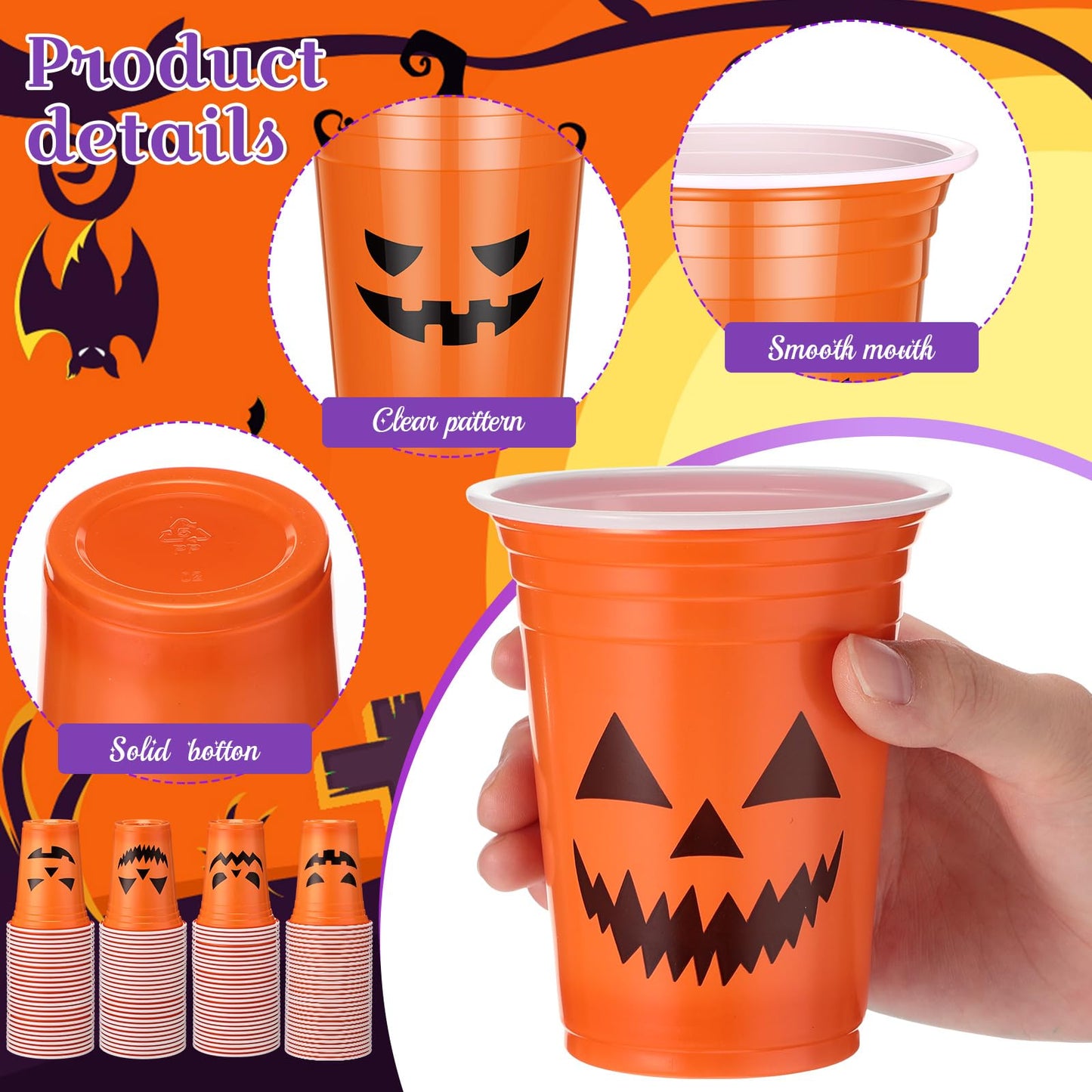 Dandat 120 Pcs 12 oz Halloween Party Plastic Cups Disposable Pumpkin Skull Cups for Halloween Party Favors Supplies Coffee(Classic)