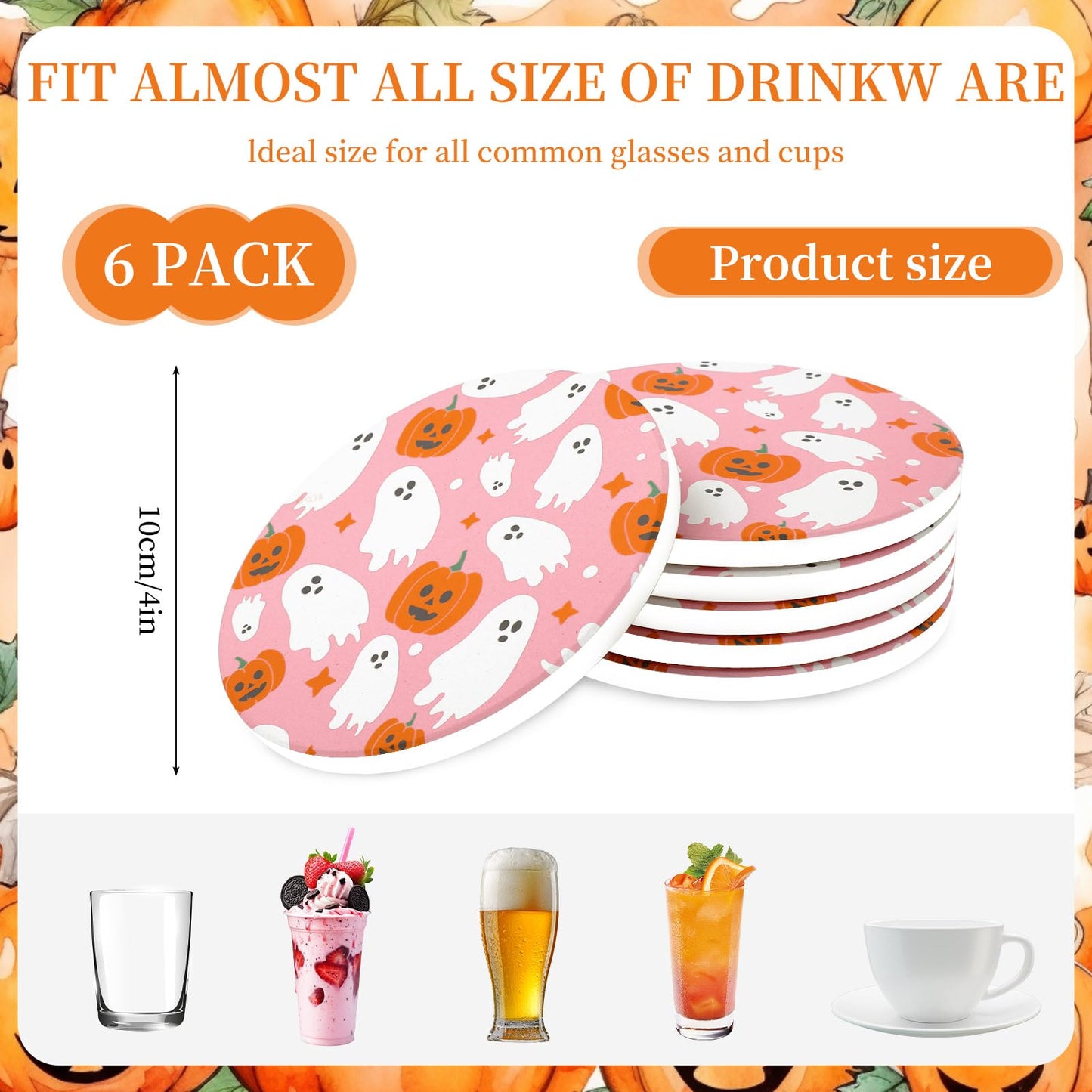 JarThenaAMCS 6 Pcs Halloween Coaster with Holder Pumpkin Ghost Anti Slip Cup Mat Pink White Orange Absorbent Ceramic Drink Coasters for Home Decor Table Protection