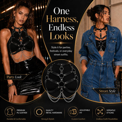 Women‘s Leather Chest Harness Top – Gothic Black Body Strap Belt, Punk Chain Harness for Festival Cosplay Rave Party Outfit