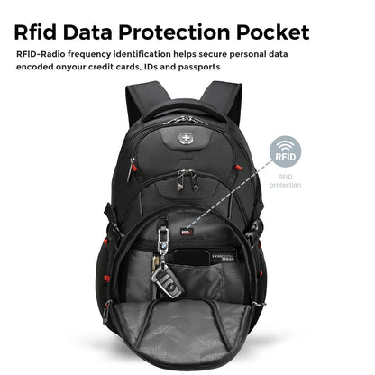 Swissdigital Design Laptop Backpack with USB Charging Port, Travel Backpack Fits 15.6 inches Computer, 31L College School Backpack for Men, Black | SD803-01