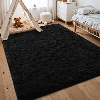 Macgace Fluffy Area Rugs for Bedroom Decor Aesthetic, 5x7 Black Shag Rug with Non-Slip Dots for Living Room, Furry Plush Mat Washable Fuzzy Carpet Modern Home Decor for Kids Nursery Gothic Room