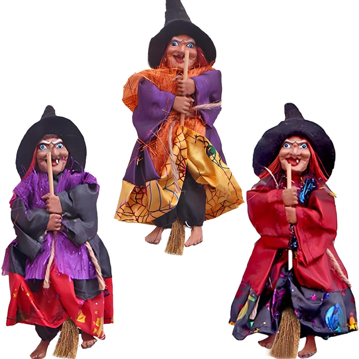 Bonzitoy Halloween Witch Ornaments 3 PCS, 8" Flying Witch Figures on Broomsticks, Haunted House Hanging Props