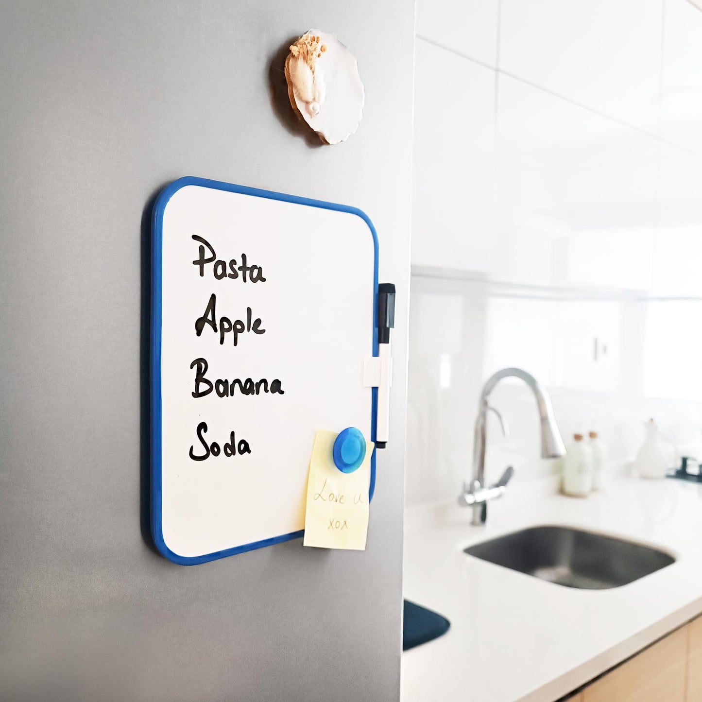 Magnetic Dry Erase Board for School Locker, 6" x 8", Blue Framed with Marker and 2 Magnets - Small Whiteboard for Classroom, Home, Office, Travel