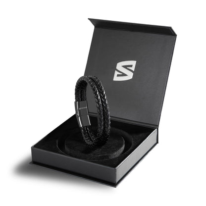 SERASAR 9″ Black Leather Bracelets for Men Mens Cowhide Gift Box Braided Bracelet Stainless Steel Jewelry Wrist Band Cuff Wrap Rope Bangle Dad Man Pulseras para Hombres Cuero Regalo