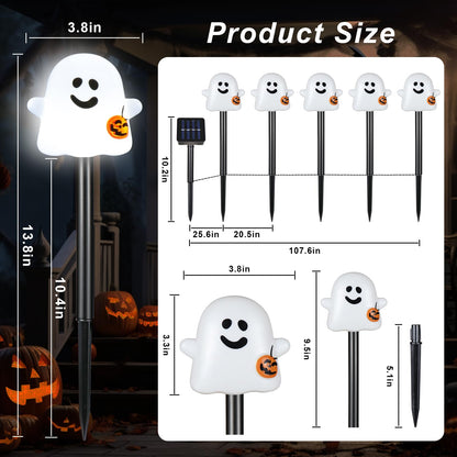 BRIGHTDECK Solar Halloween Ghost Pathway Lights, 10 Pack Ghost Stake Lights with Pumpkin Design, Durable Waterproof Outdoor Halloween Decoration for Garden, Walkway, and Yard (Cold White)