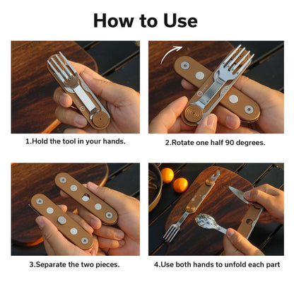 CIVIVI Partake 4-in-1 Camping Utensil, Detachable Stainless Steel Folding Knife, Fork, Spoon & Bottle Opener Multi-Tool, with Waxed Canvas Pouch for Travel Camping Hiking, C24032C-2, Coyote Brown
