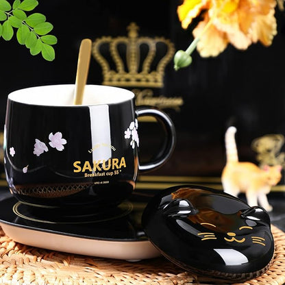 Honeydak Coffee Mug Warmer Cute Cat Mug Set Cup Warmer for Women Heated Coffee Warmers for Mom Home Office Desk Valentine's Day Anniversary Birthday Gifts(Sakura,Black)