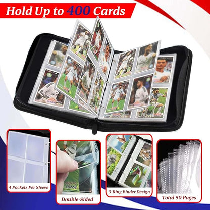 Card Binder 4 Pocket, 3 Ring Binder Holds 400 Cards for Card Collectors, Water-Resistant PU Cover with Zipper Closure for TCG, MTG & Sports Cards