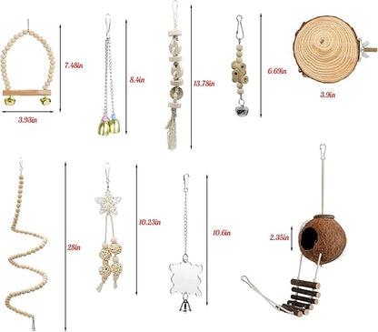 9-Piece Parrots Chewing Toy Set - Natural Wood & Rope Bungee Toys for Anchovies, Coconut Hideaway with Ladder, Bird Perch Stand, Cage Accessories for Parakeets, Cockatiel, Conure, Mynah, Macaw